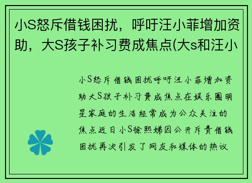 小S怒斥借钱困扰，呼吁汪小菲增加资助，大S孩子补习费成焦点(大s和汪小菲怎么啦)