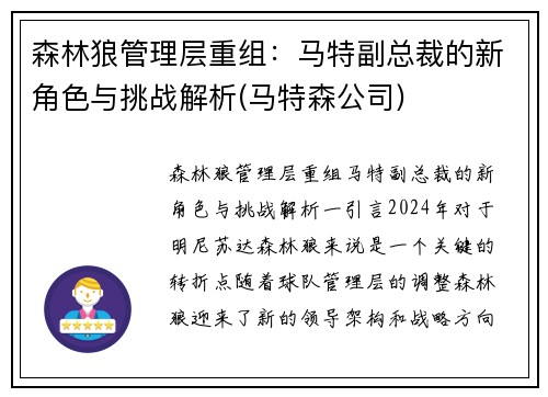 森林狼管理层重组：马特副总裁的新角色与挑战解析(马特森公司)