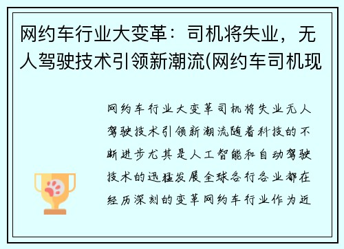 网约车行业大变革：司机将失业，无人驾驶技术引领新潮流(网约车司机现状)